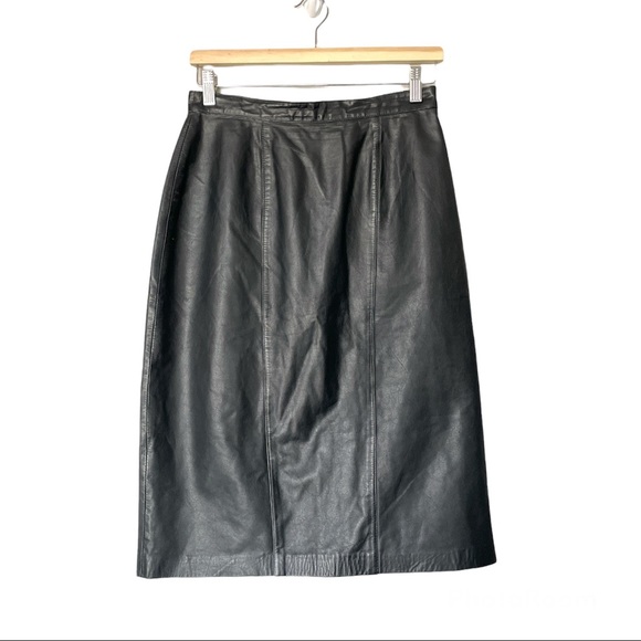 Vintage Dana Brook 100% Leather Black Midi Skirt Knee Length Size 10 - Picture 1 of 8